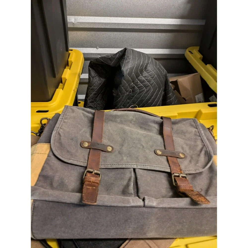 Messenger Bag Gray Canvas Brown Leather Satchel Cross Body Shoulder